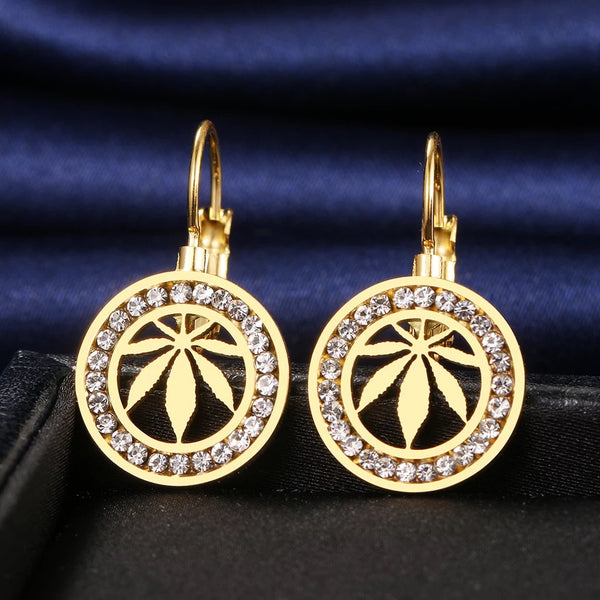 Gold/Silver Plated Round Gem Cannabis Leaf Earrings